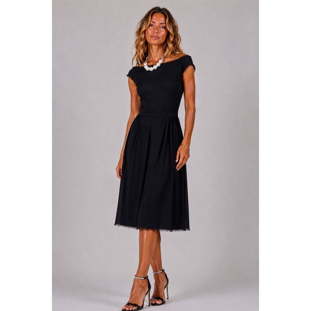 NWT Tufi Duek Black Silk Lined Midi Dress Open Back Ruched Pleated Evening Dress